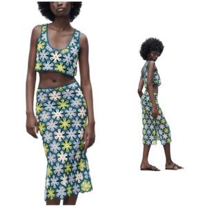 Zara Crochet Granny Square 2 Piece Dress Skirt Set Sz S Boho Fairy